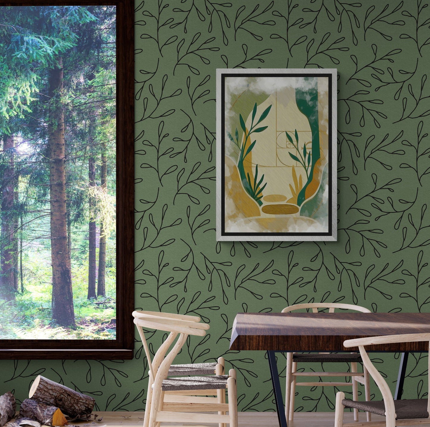 Natural Corridor canvas print displayed in rustic country dining room with forest view and botanical wallpaper