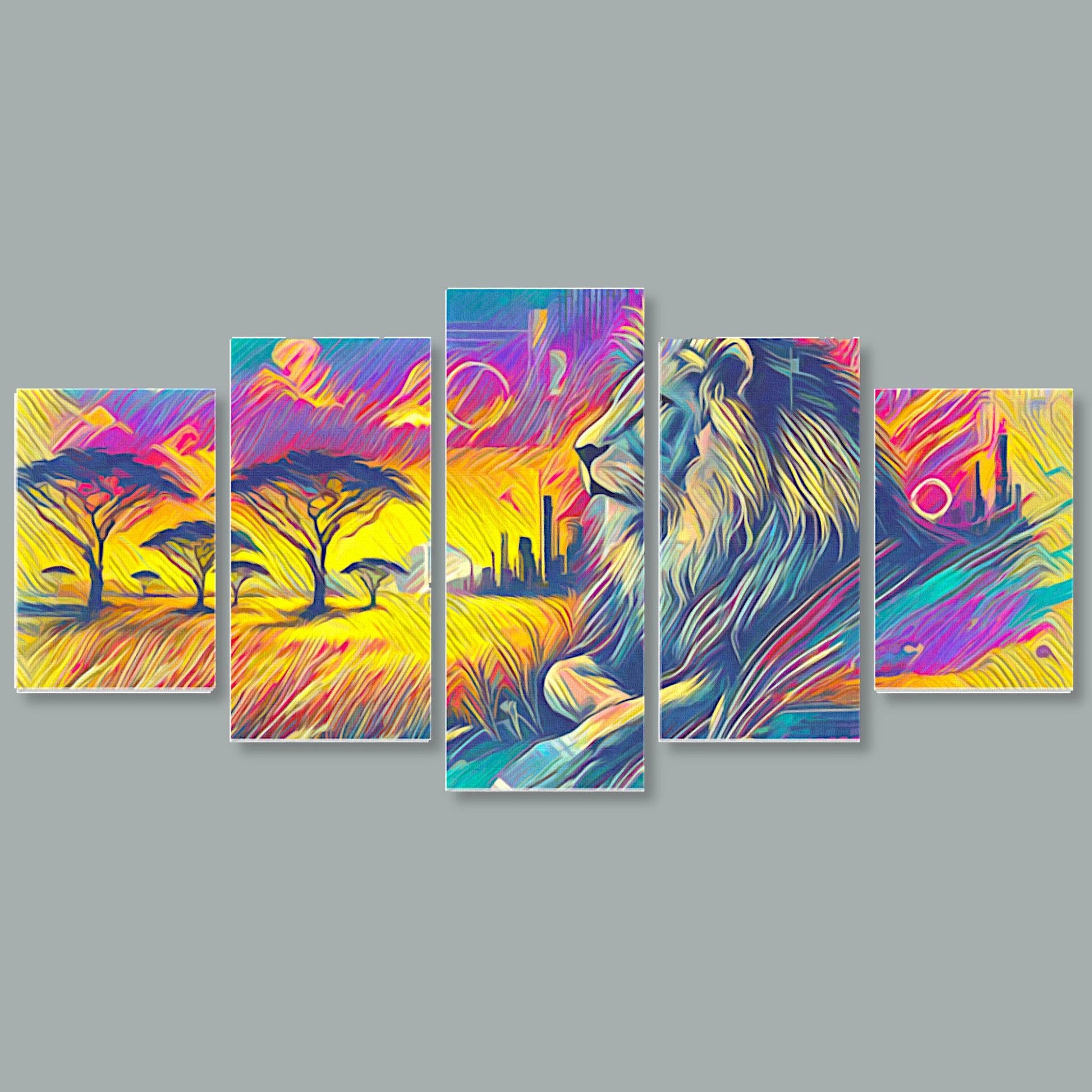 Canvas 5 Pannelli Medium Telaio Lion 2.0: Strength and Nature in Five Panels - Artsquarenft