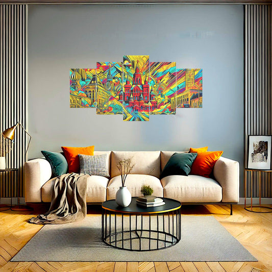 Canvas 5 Pannelli Medium Telaio Red Square in Fusion: Urban Splendor in Five Panel - Artsquarenft