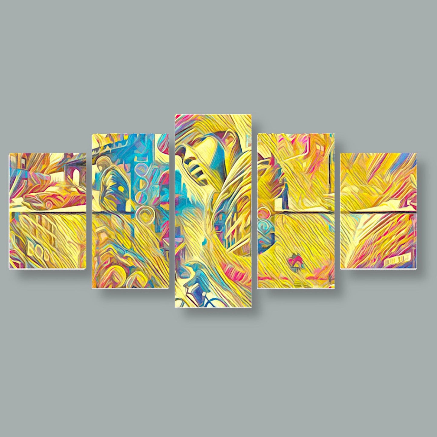 Canvas 5 Pannelli Medium Telaio Urban Vibes: City Life Portrait in Five Panels - Artsquarenft