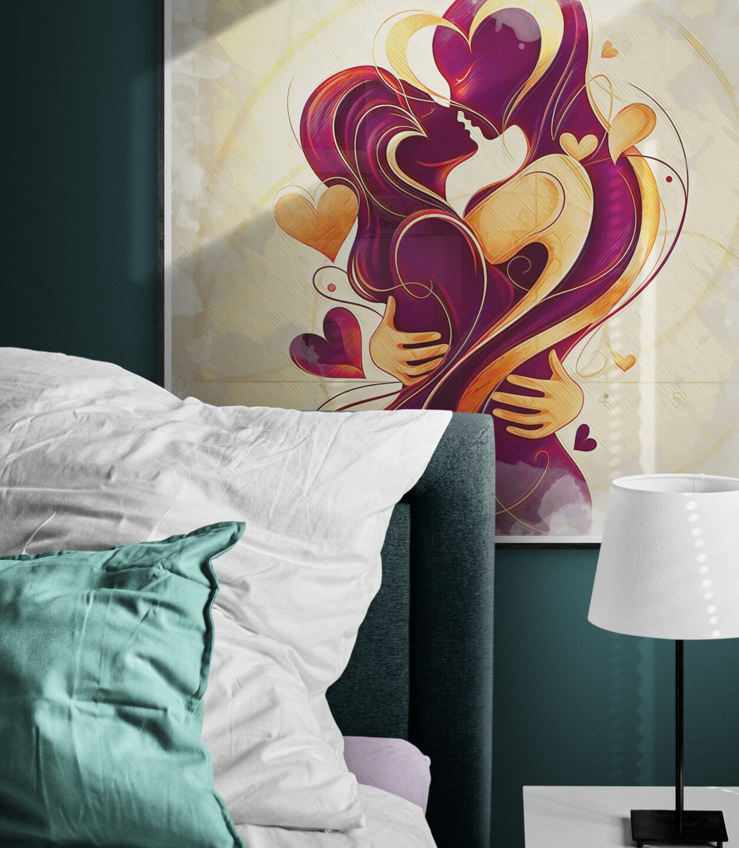 `Romantic Embrace canvas print close-up detail showing digital brushstrokes hearts texture and luxury finish` |