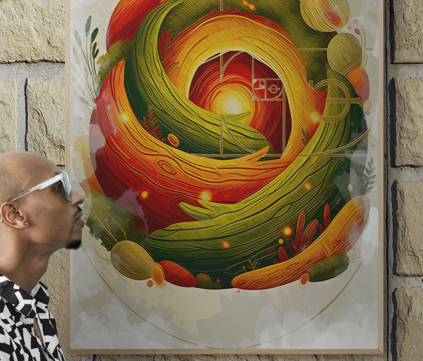 `Earth Sanctuary canvas print lifestyle photo showing person admiring nature inspired wall art` |