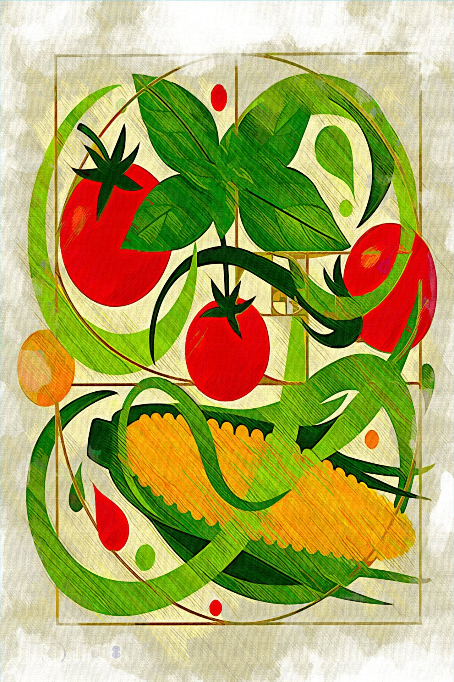 Herb Garden canvas print: red tomatoes, green basil and vintage vegetables for nostalgic traditional family kitchen