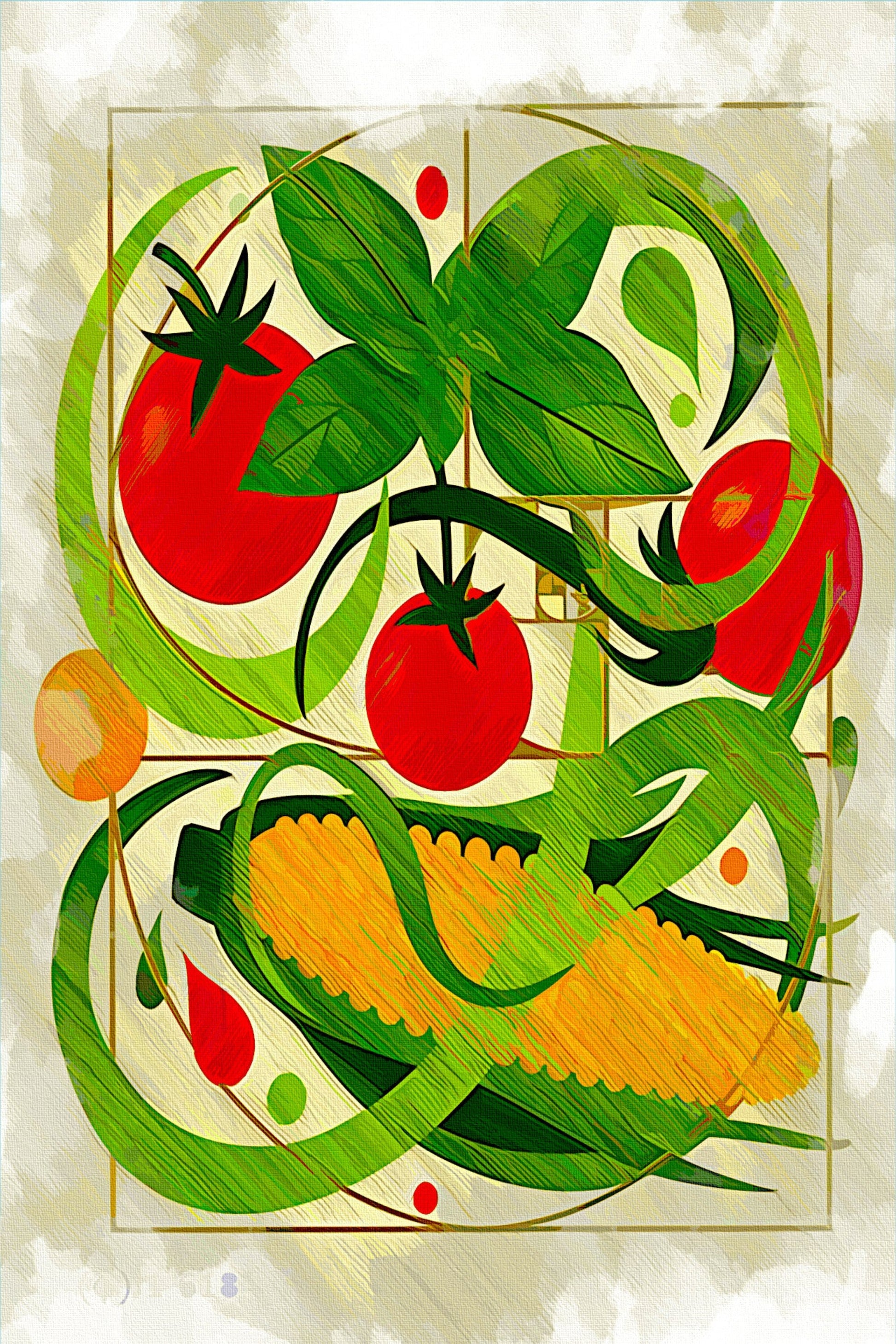 Herb Garden canvas print: red tomatoes, green basil and vintage vegetables for nostalgic traditional family kitchen