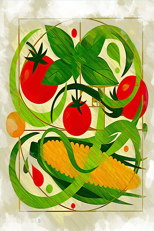 Herb Garden canvas print: red tomatoes, green basil and vintage vegetables for nostalgic traditional family kitchen