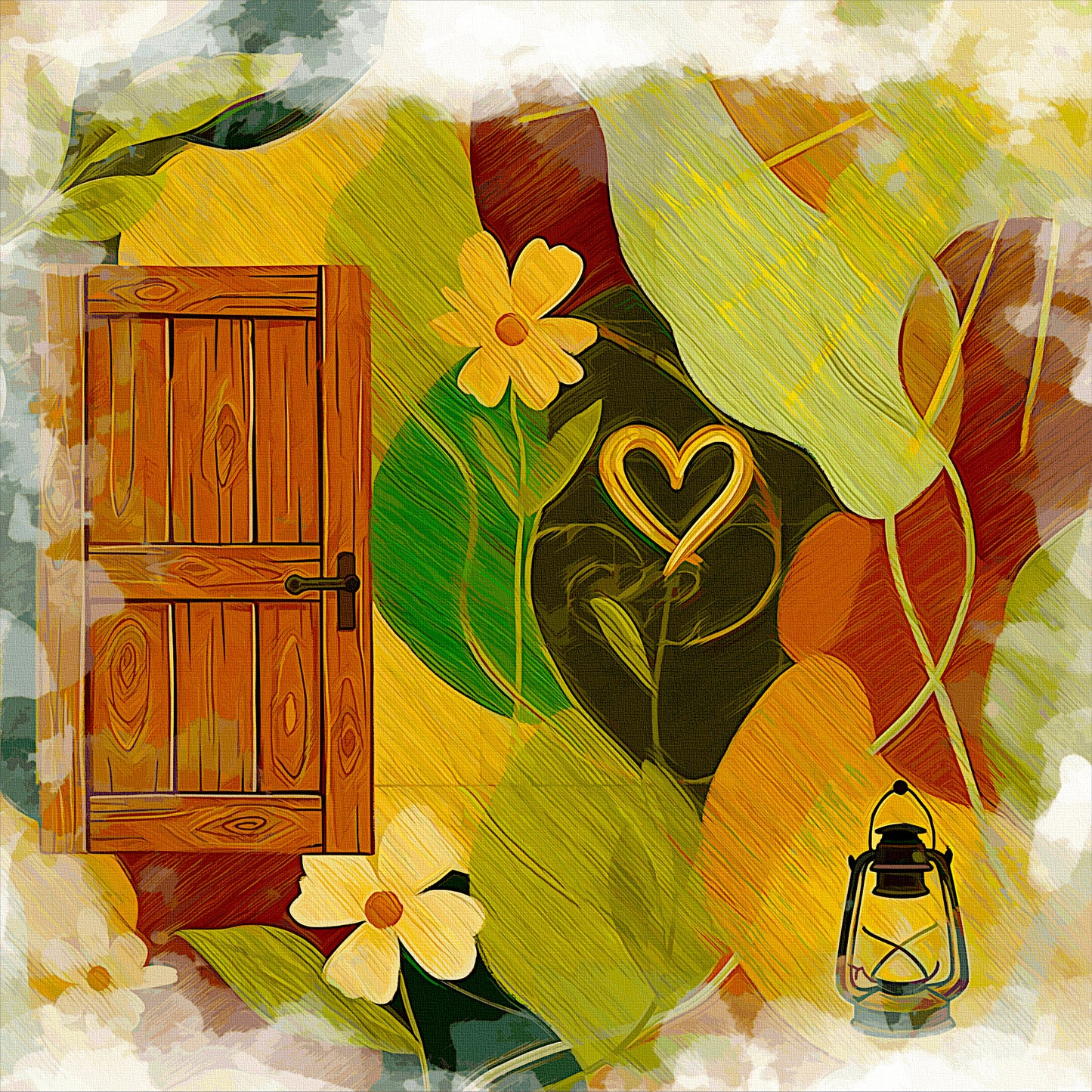 Home Gateway canvas print with rustic wooden door yellow flowers golden heart vintage lantern, country art for warm family entryway