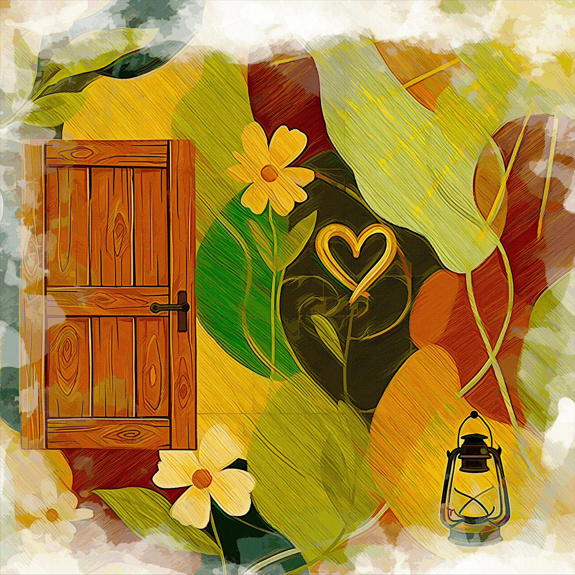Home Gateway canvas print with rustic wooden door yellow flowers golden heart vintage lantern, country art for warm family entryway