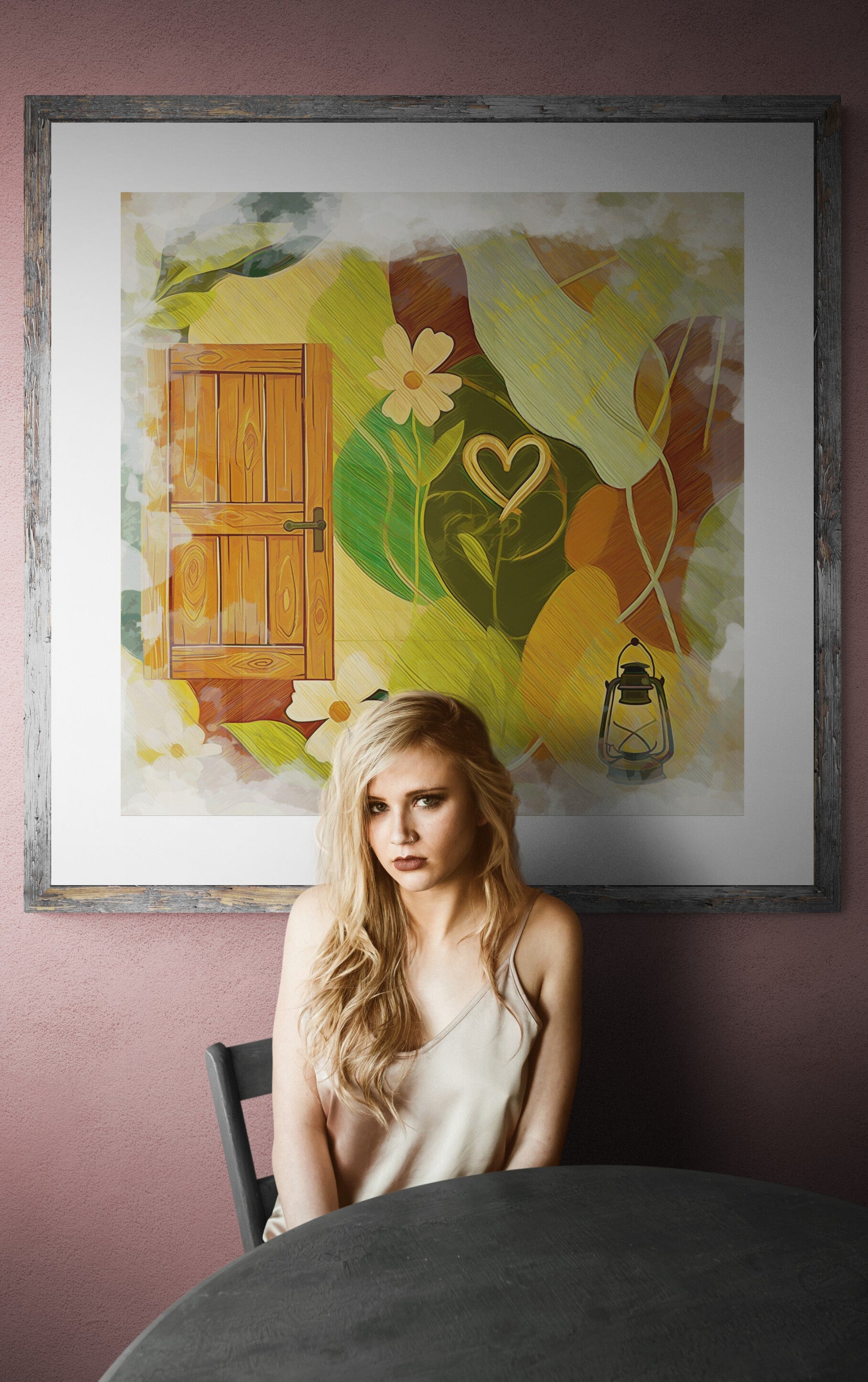 Framed Home Gateway artwork in rustic entryway with seated woman, country yellow green art welcoming with authentic family warmth