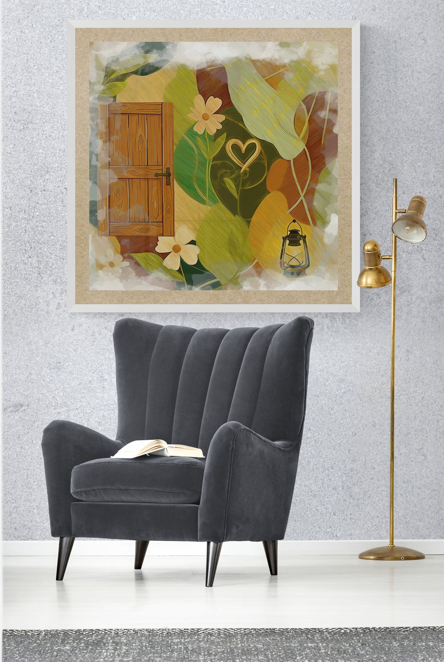 Home Gateway on white wall with gray armchair farmhouse style, rustic art for cozy country entryway warm family atmosphere