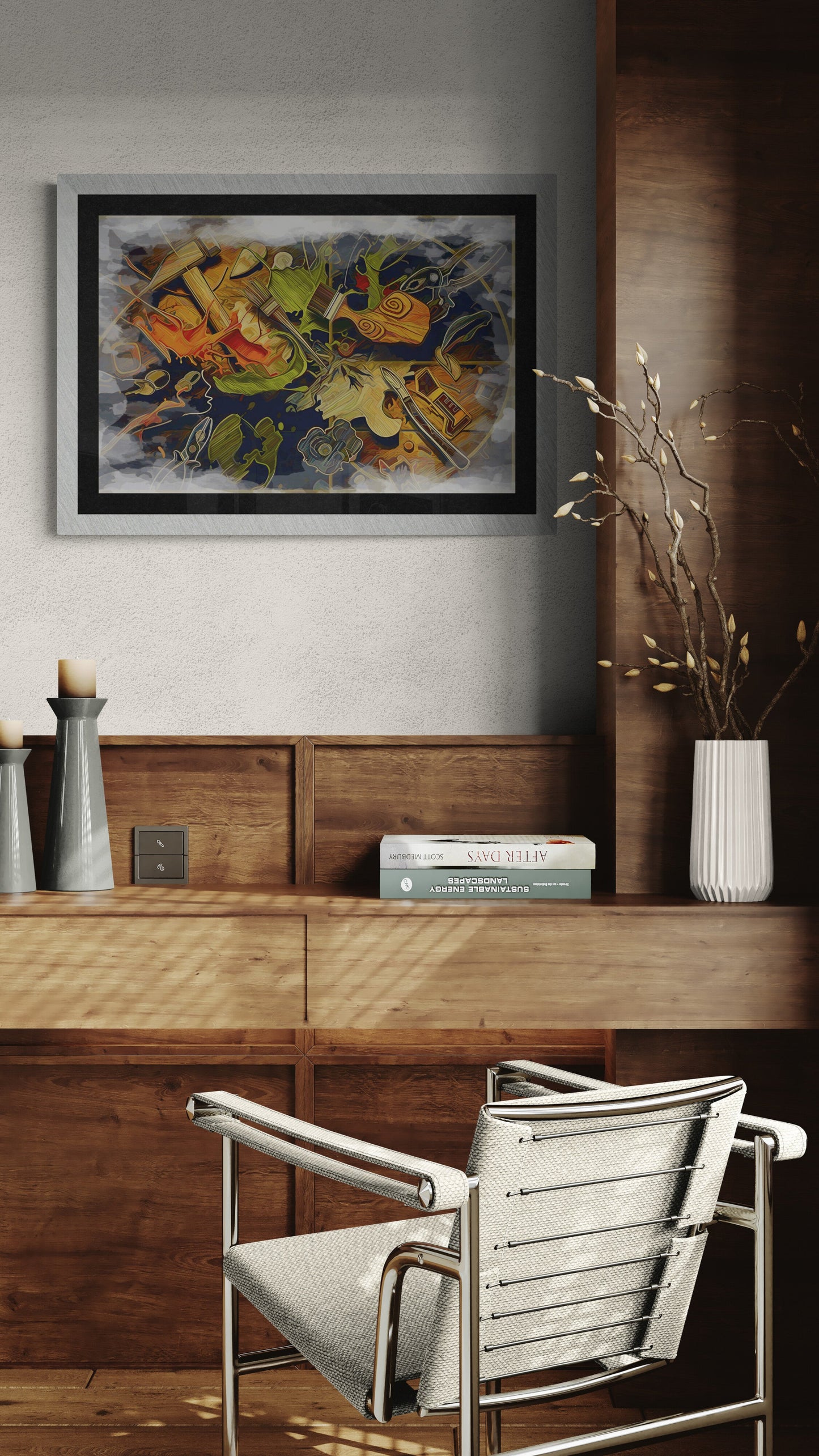 Creative Workshop canvas print displayed in modern wooden home office interior design