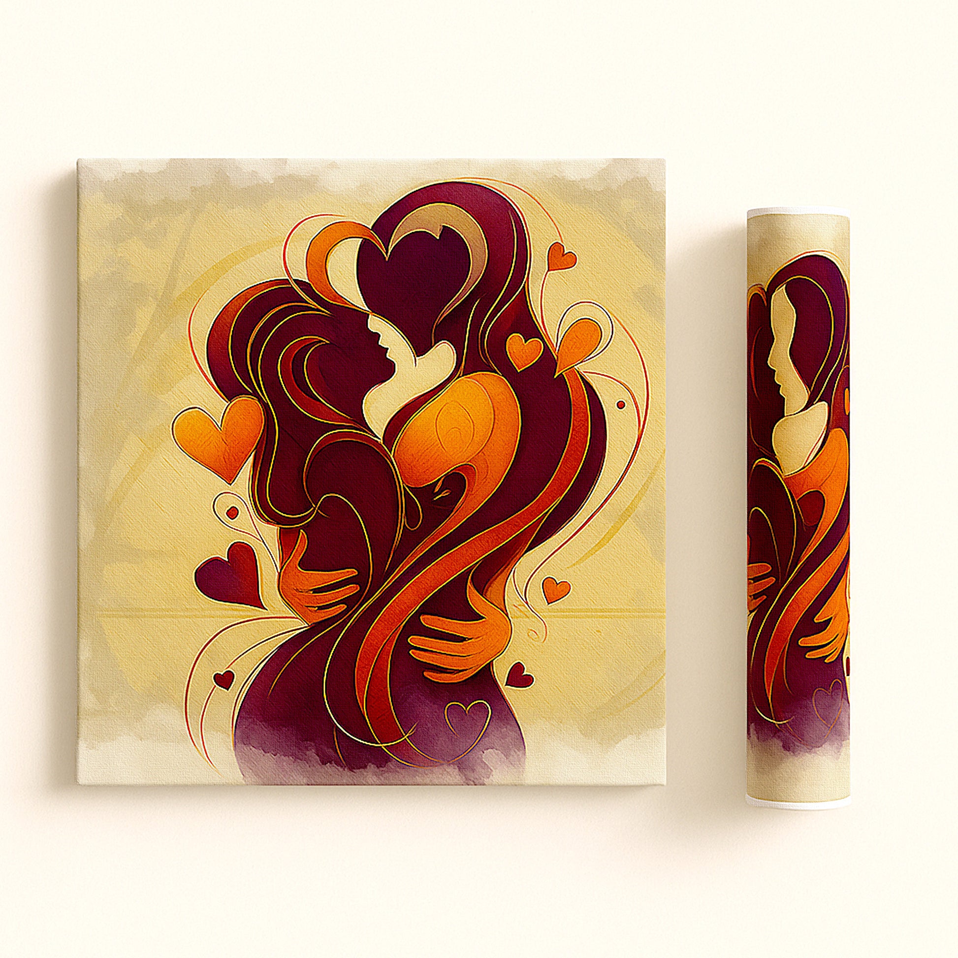 `Romantic Embrace canvas print rolled packaging and framing options for romantic bedroom wall art` |