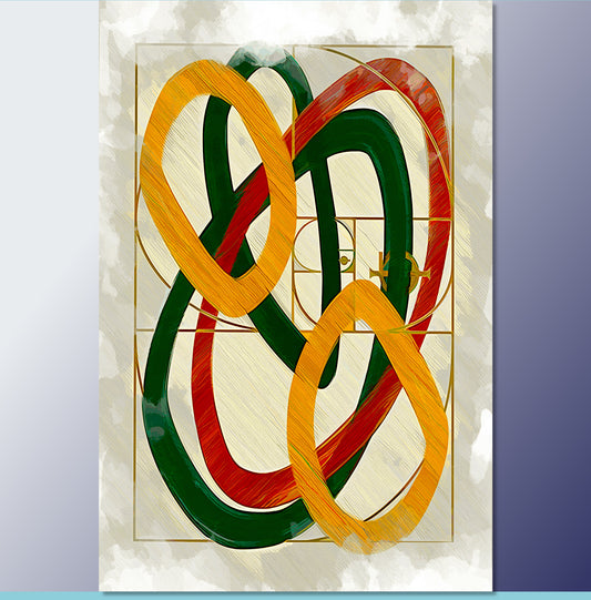 Natural Harmony canvas print with organic curved green orange red forms golden spiral, Scandinavian hygge art for natural zen living room