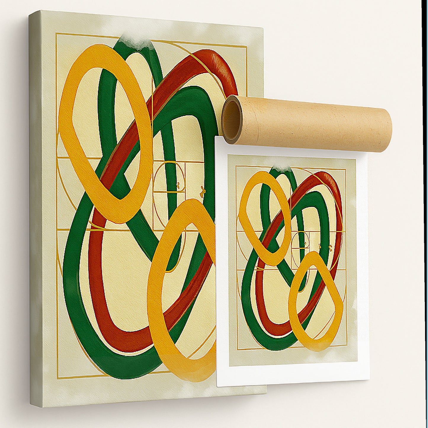 Double view Natural Harmony white frame organic abstract forms natural colors, modern Scandinavian art premium canvas texture hygge decor