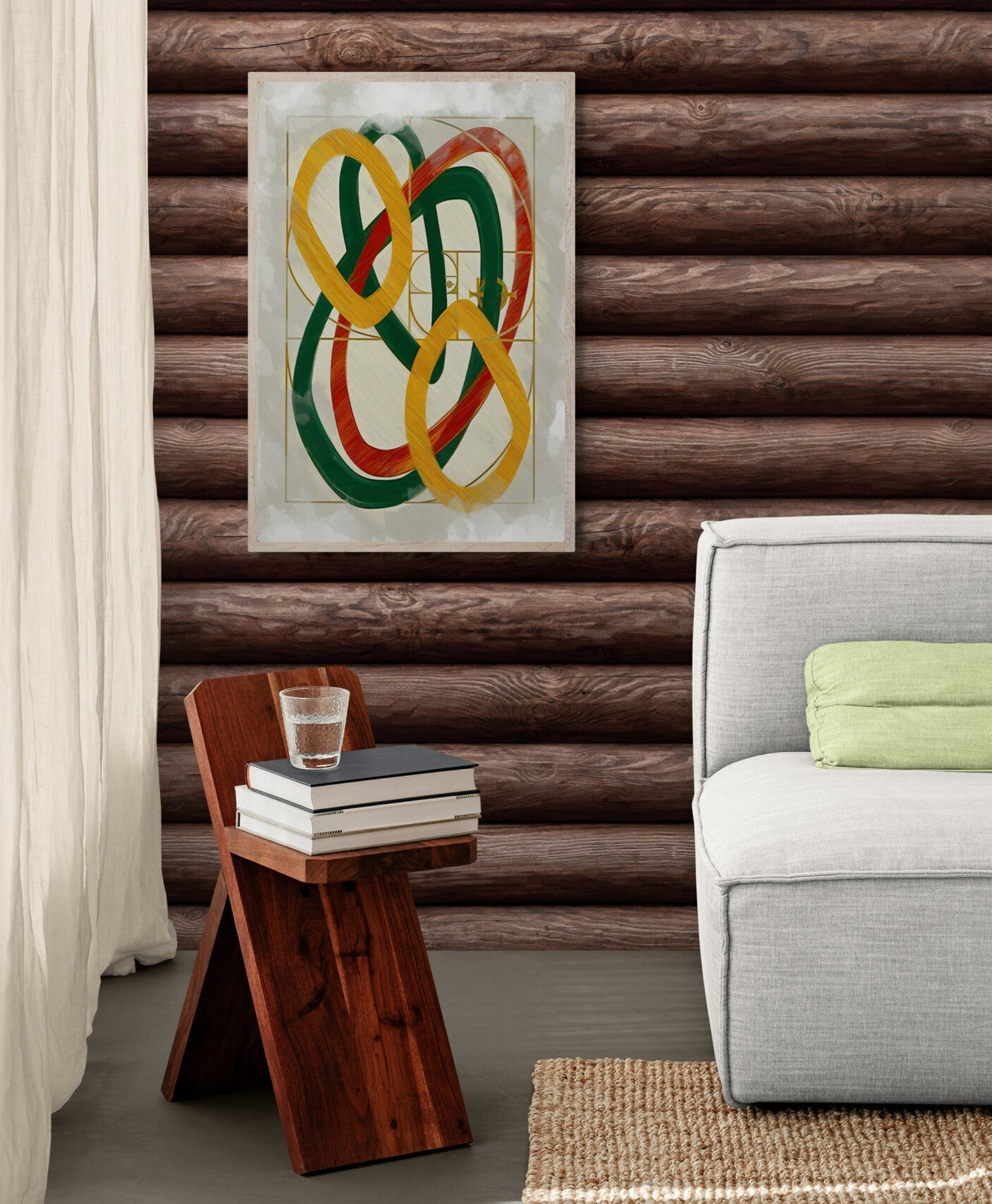 Framed Natural Harmony artwork black rustic natural wood furniture, Scandinavian art hygge living room warm welcoming cozy atmosphere