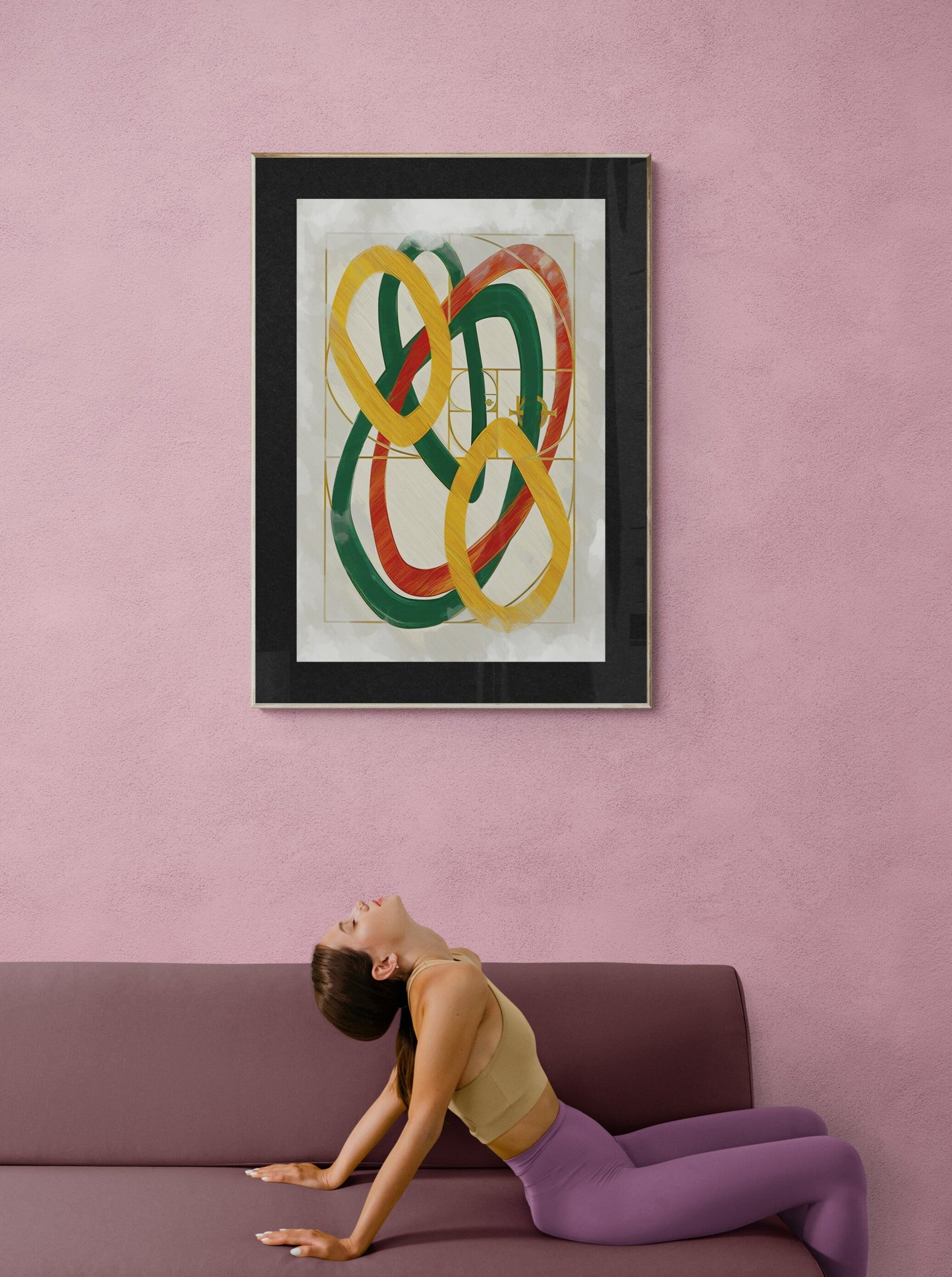 Natural Harmony artwork pink wall woman yoga meditation Scandinavian style, natural wellness hygge art zen living room harmonic balance