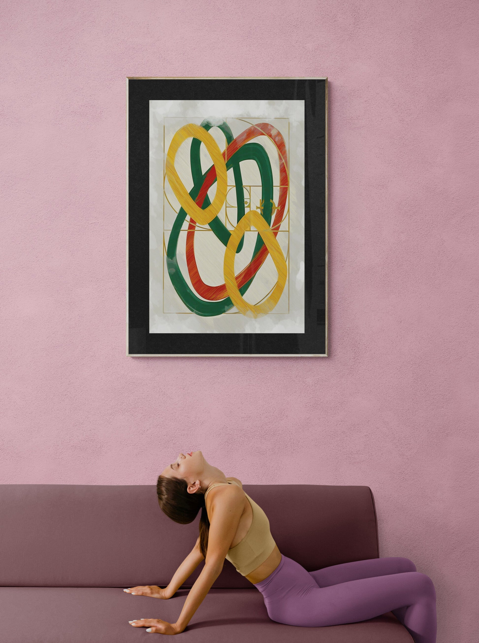 Natural Harmony artwork pink wall woman yoga meditation Scandinavian style, natural wellness hygge art zen living room harmonic balance