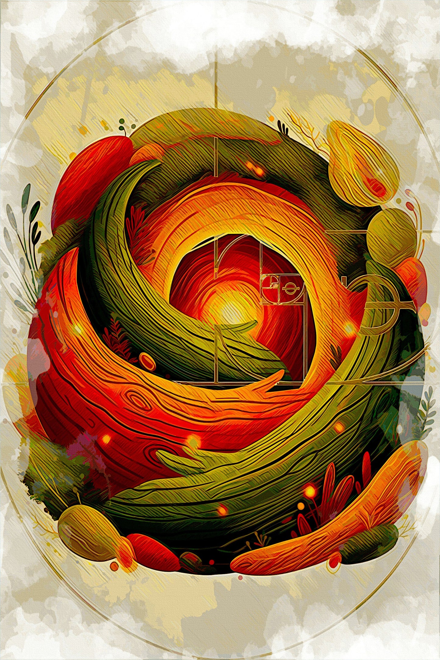 `Earth Sanctuary natural bedroom canvas art print - green orange gold organic spiral botanical design by Luigi ArtSquare` |