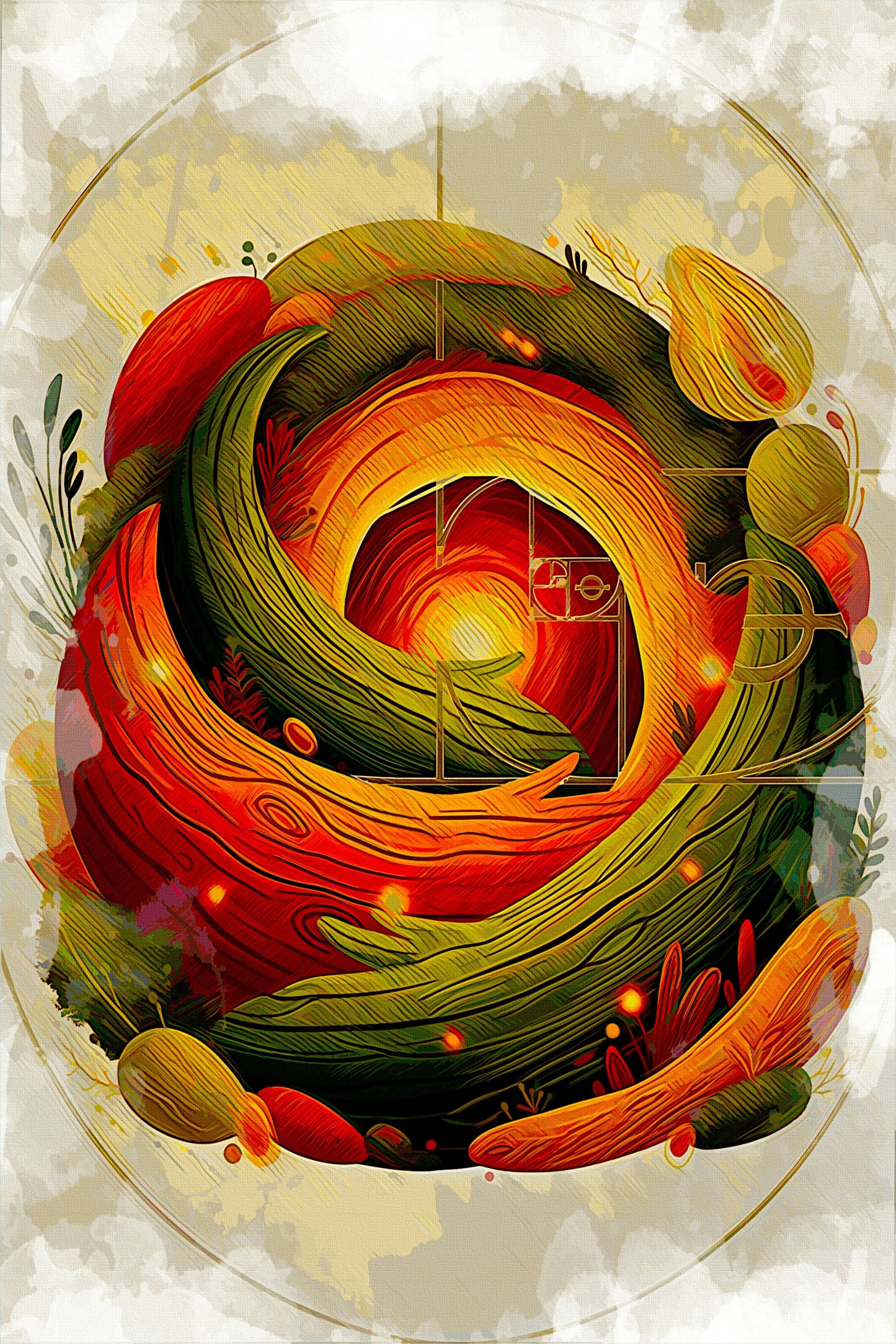 `Earth Sanctuary natural bedroom canvas art print - green orange gold organic spiral botanical design by Luigi ArtSquare` |