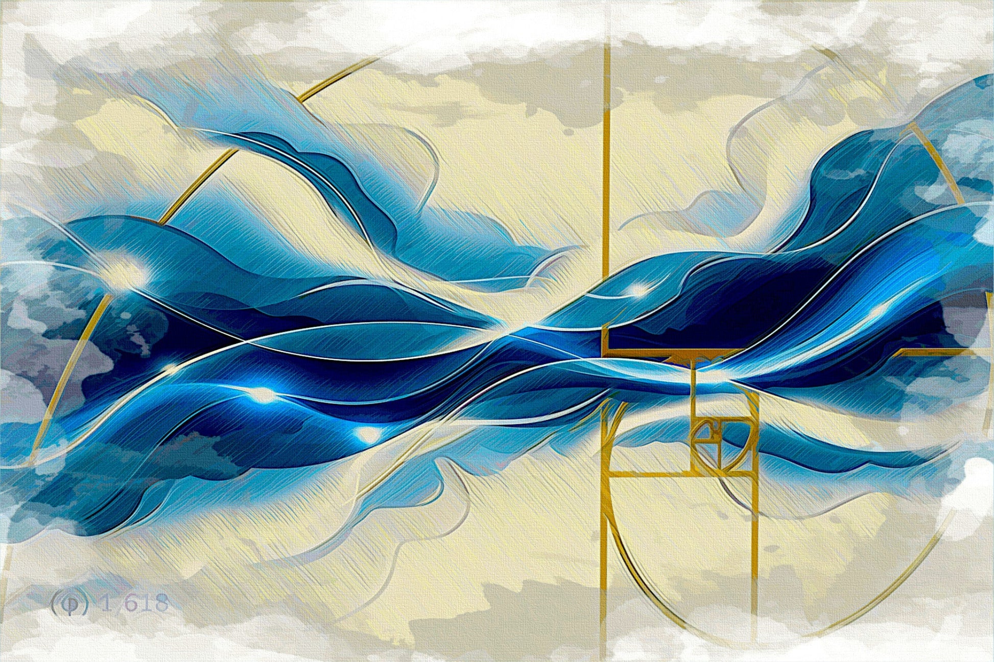 Intimate Dreams abstract bedroom canvas art print - blue turquoise gold waves golden ratio design by Luigi ArtSquare` |