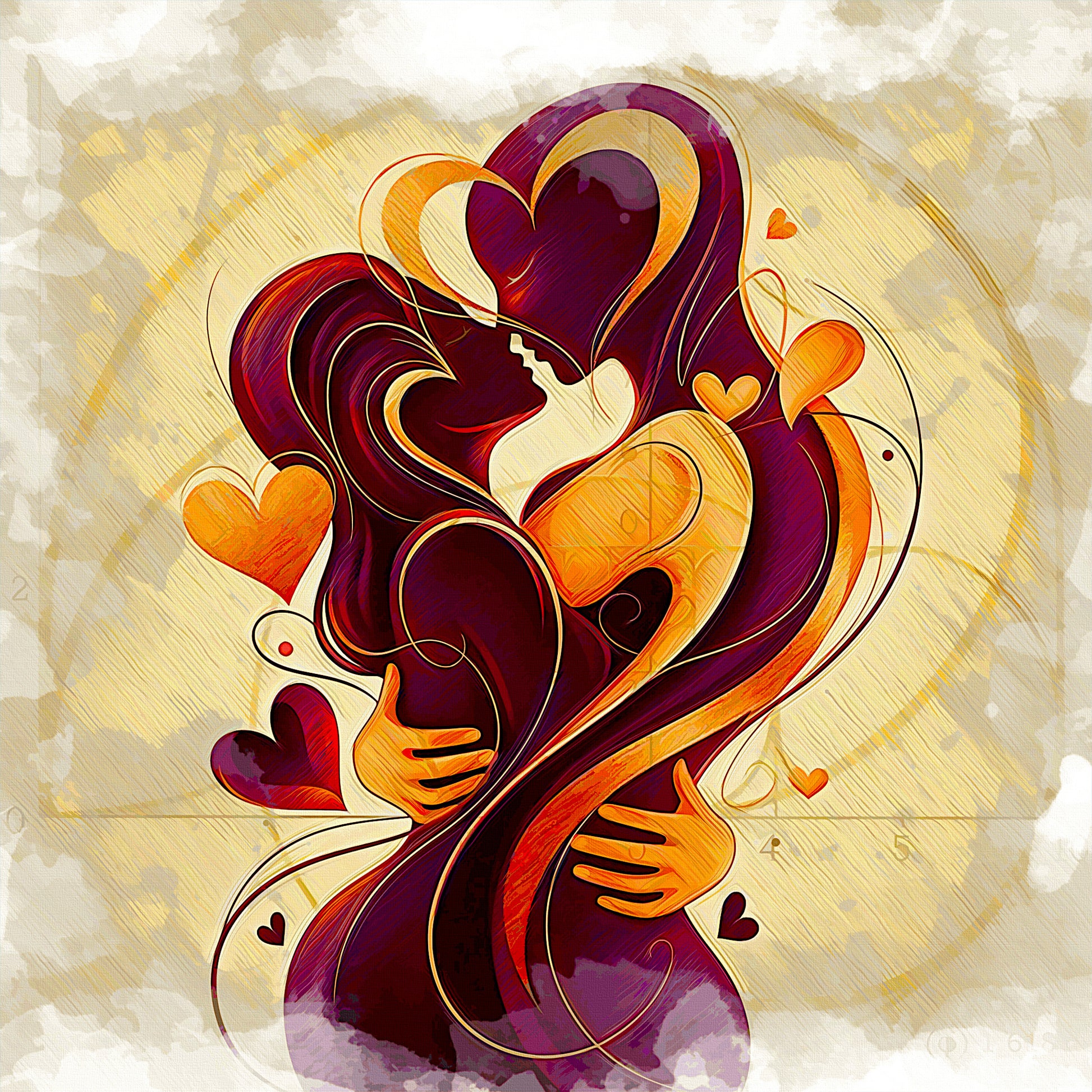 `Romantic Embrace romantic bedroom canvas art print - burgundy orange gold embracing couple hearts design by Luigi ArtSquare` |
