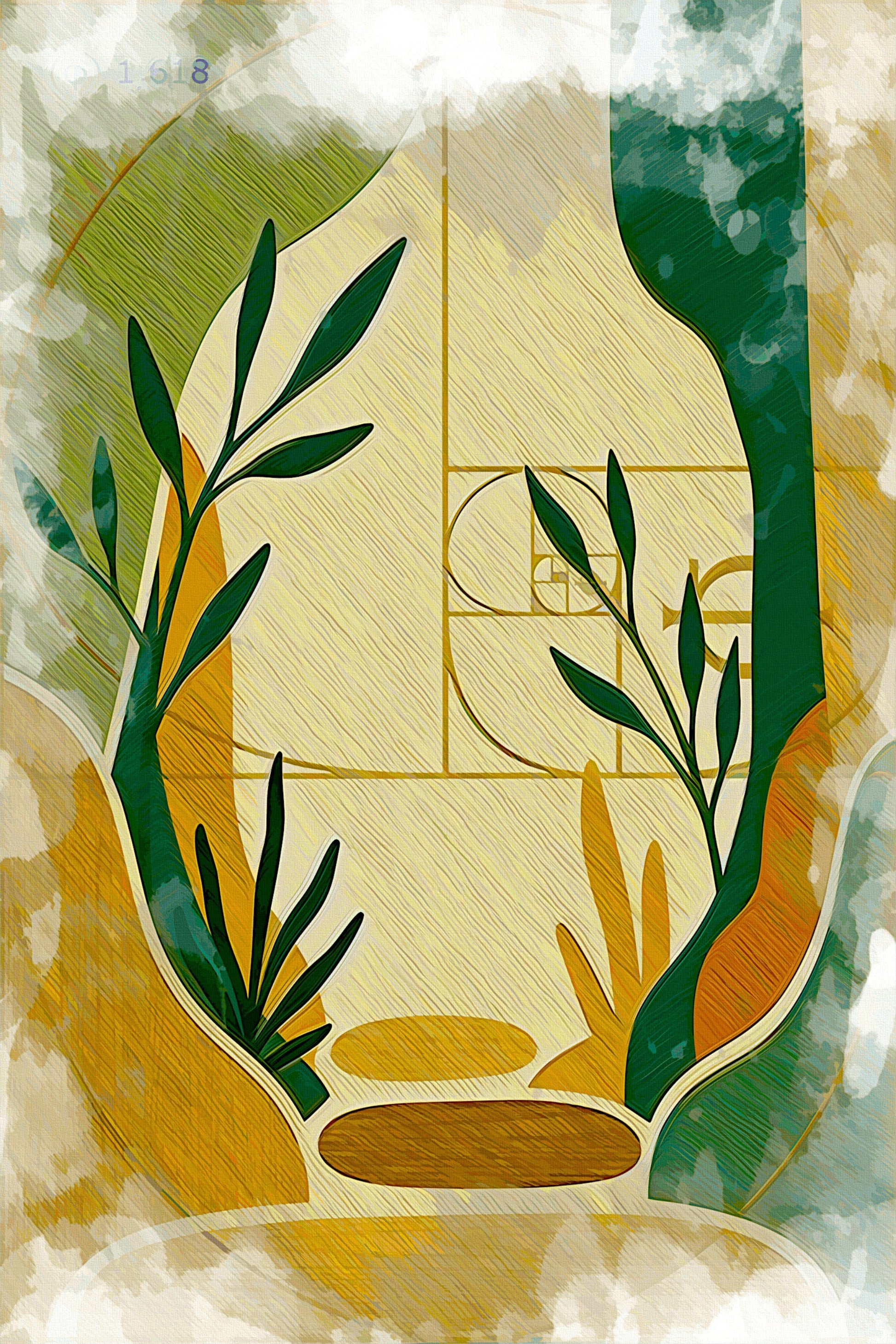 Natural Corridor botanical hallway canvas art print - olive green yellow nature design by Luigi ArtSquare