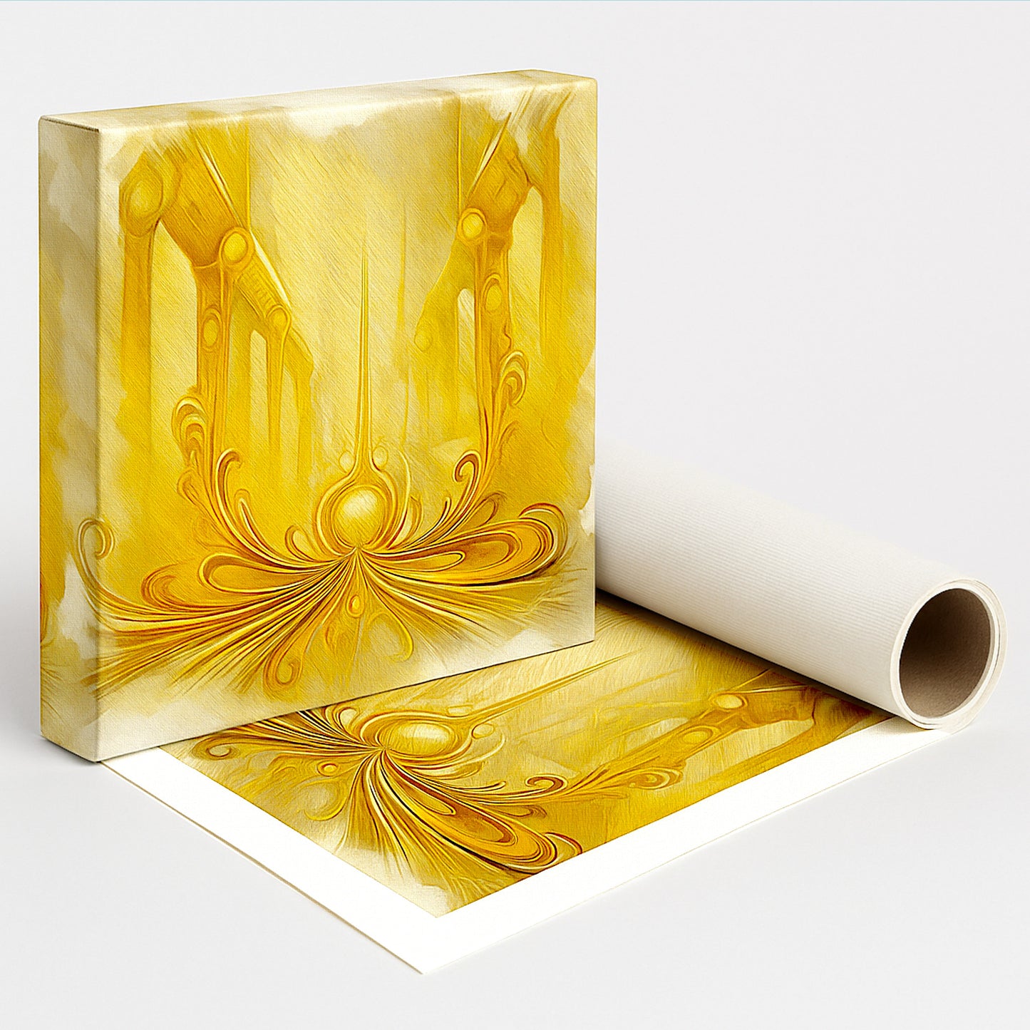 Golden Passage canvas print rolled packaging showing baroque ornaments and premium tube shipping