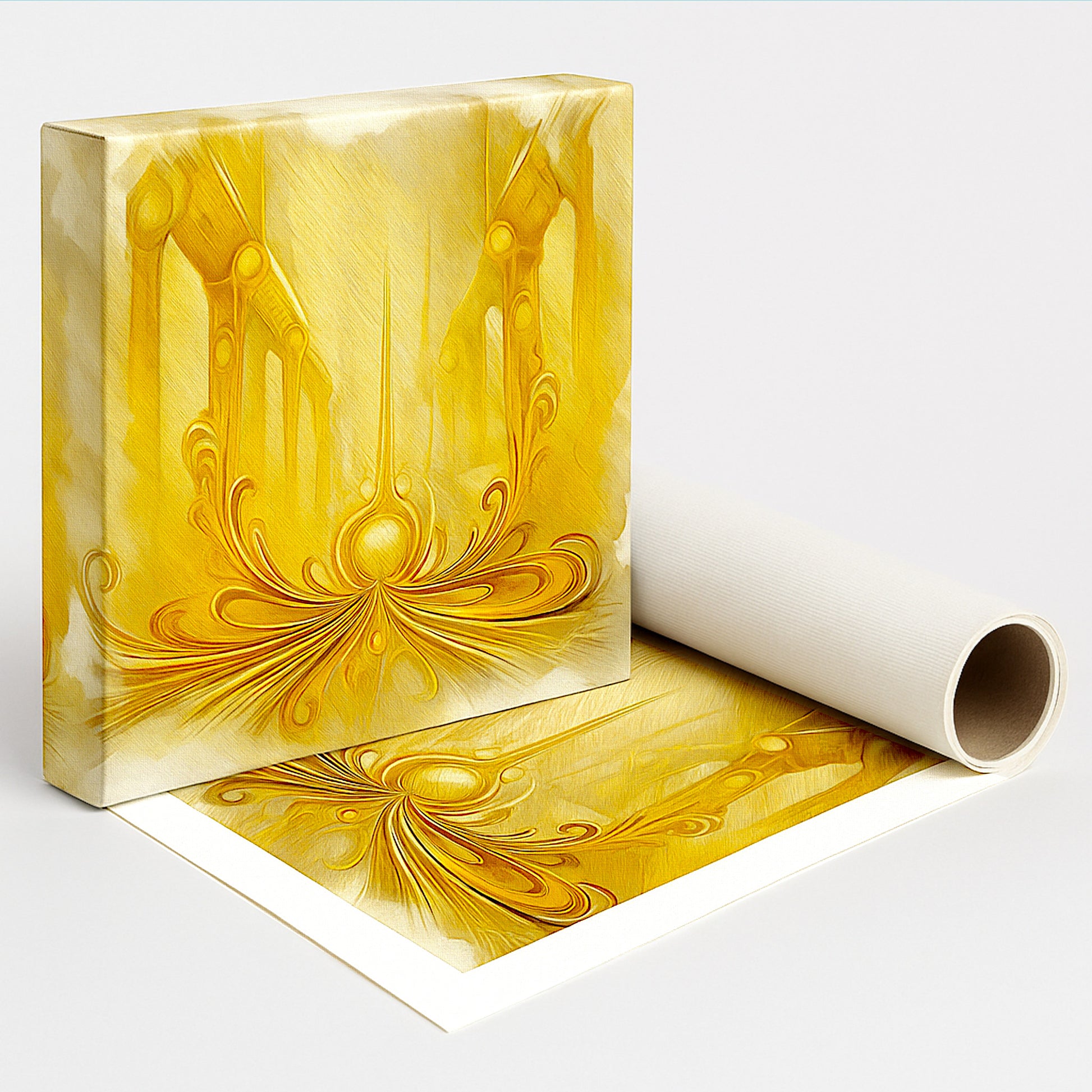 Golden Passage canvas print rolled packaging showing baroque ornaments and premium tube shipping