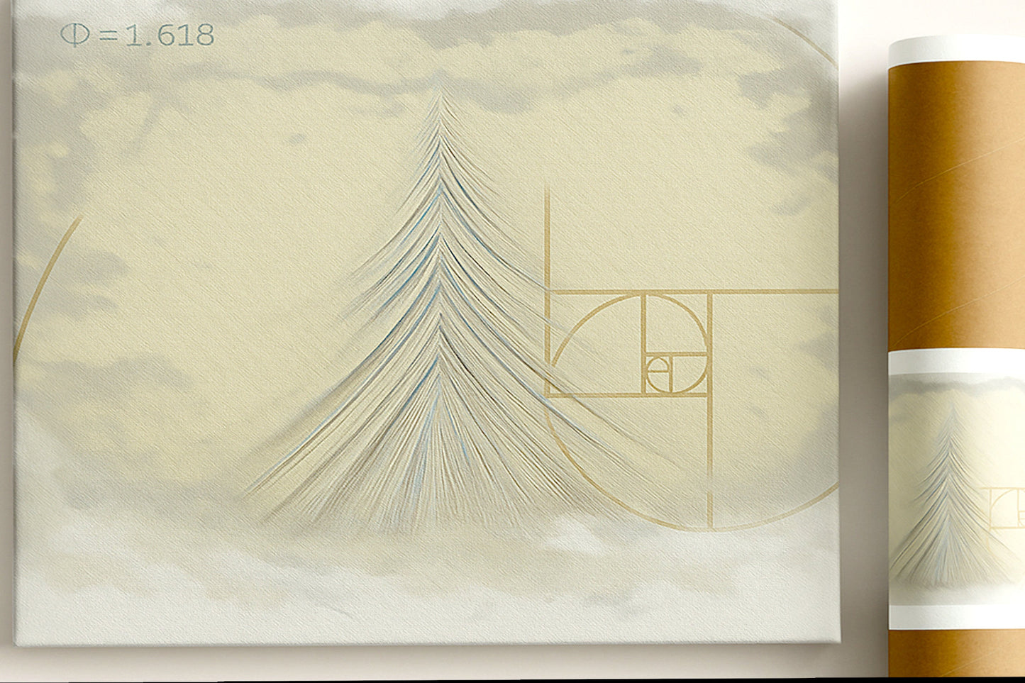 Light Flow canvas print rolled packaging showing golden ratio geometry and premium tube shipping