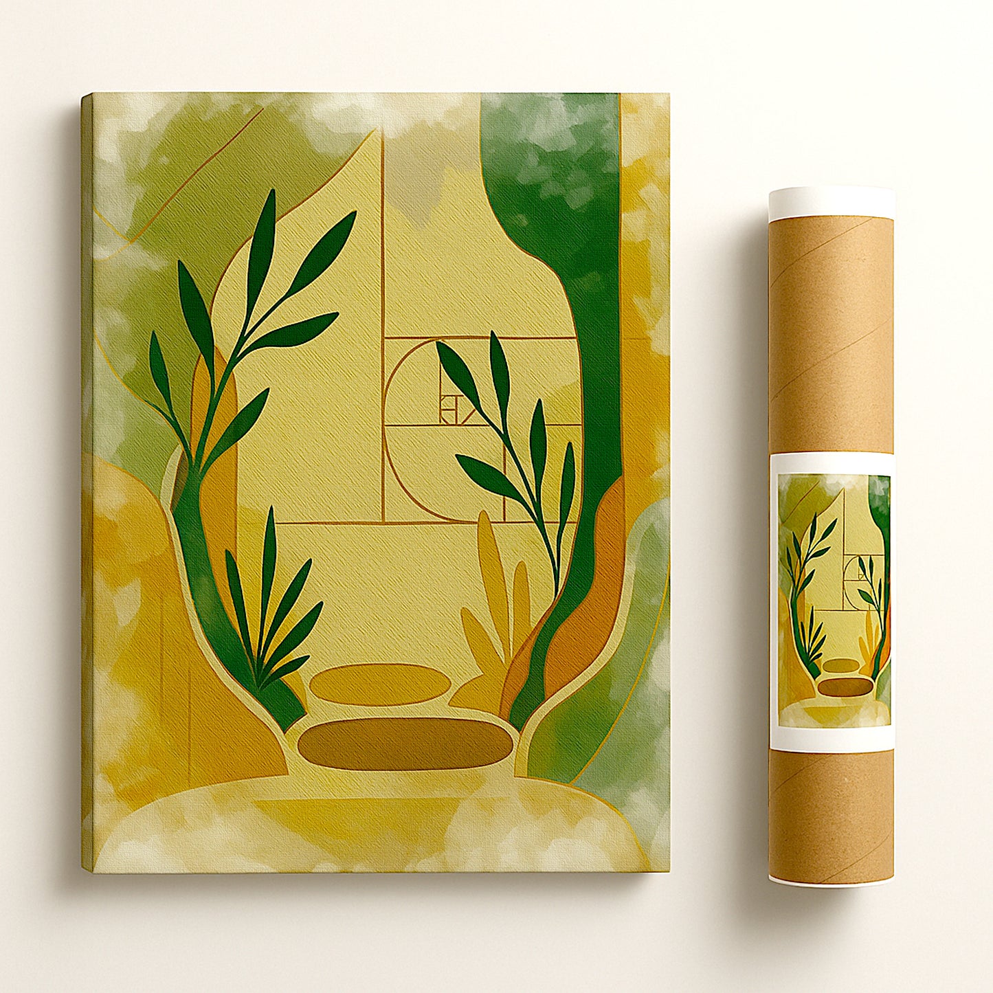 Natural Corridor canvas print rolled packaging showing botanical golden ratio design and eco tube shipping