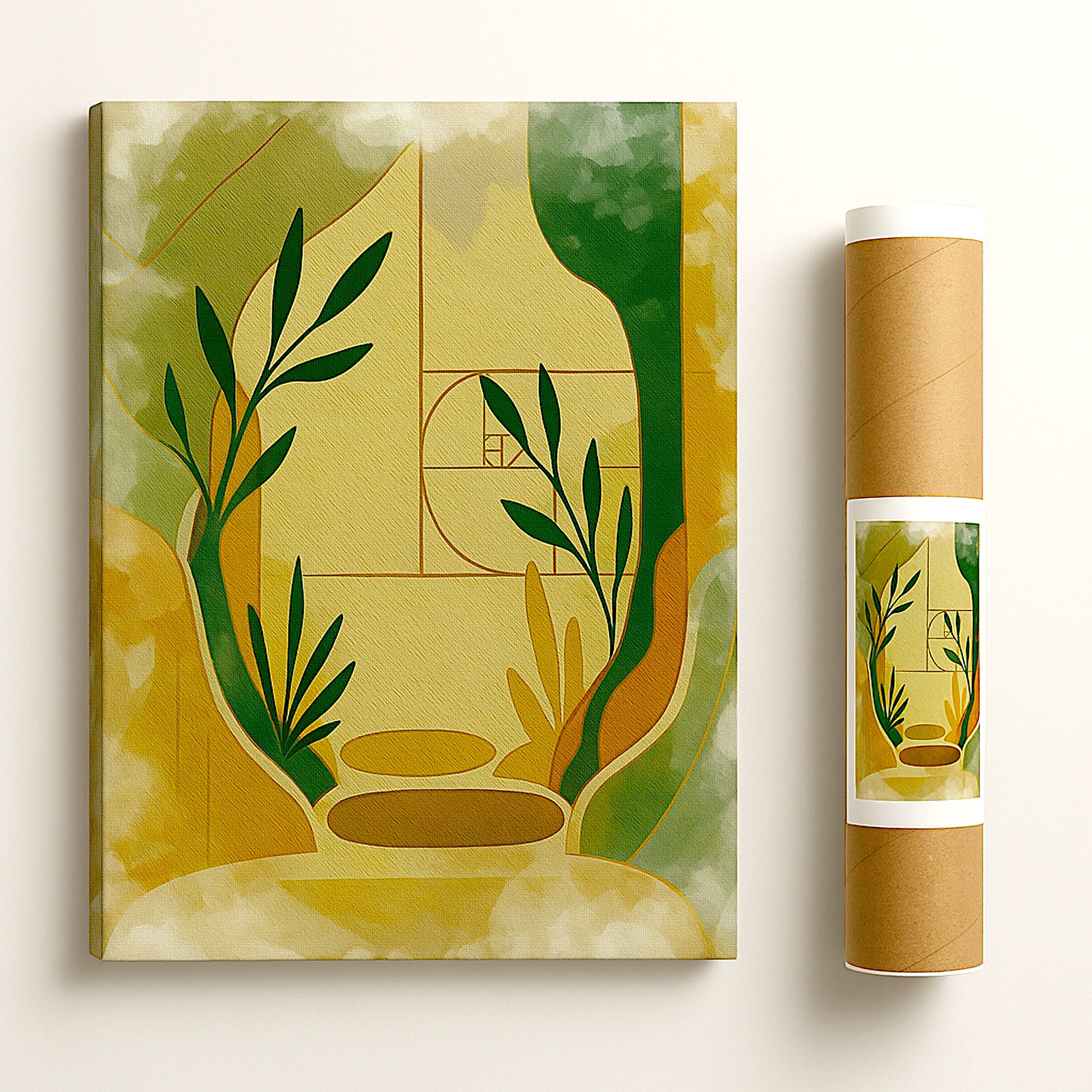 Natural Corridor canvas print rolled packaging showing botanical golden ratio design and eco tube shipping
