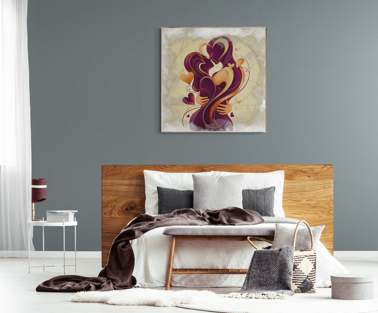 `Romantic Embrace canvas print displayed in elegant master bedroom above wooden headboard interior design` |