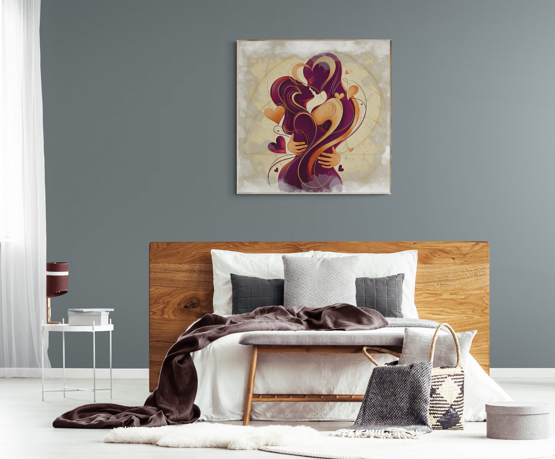 `Romantic Embrace canvas print displayed in elegant master bedroom above wooden headboard interior design` |