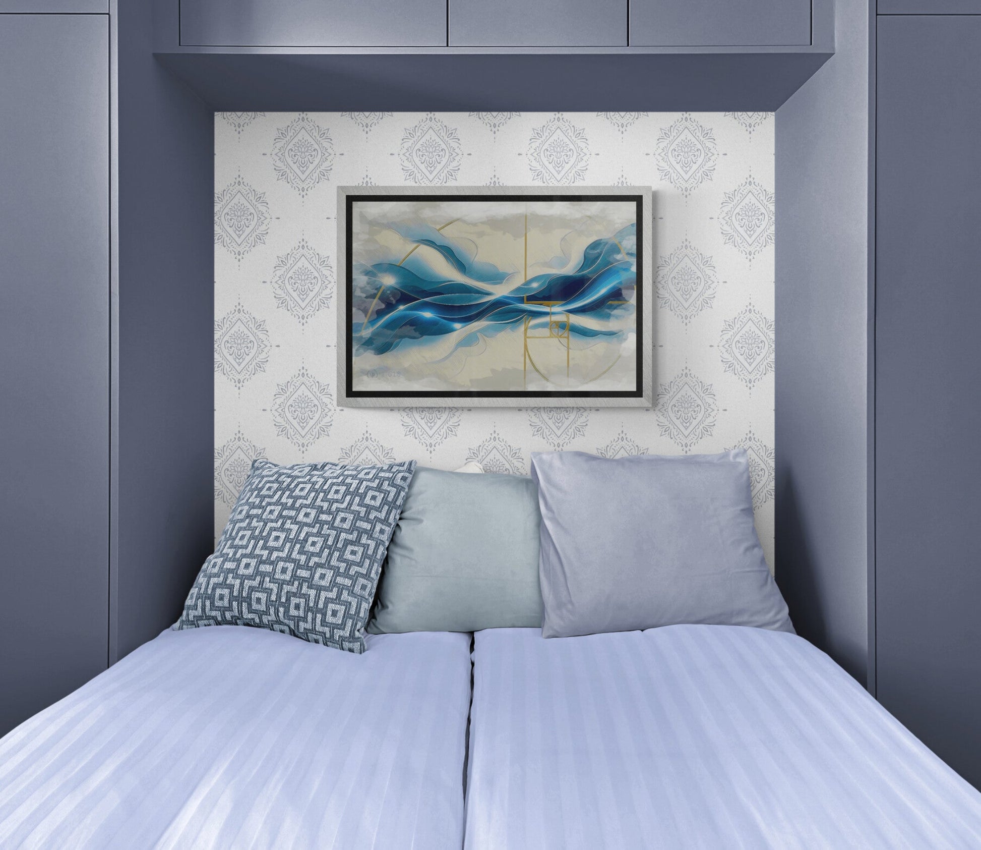 `Intimate Dreams canvas print displayed in modern elegant bedroom above bed headboard interior design` |