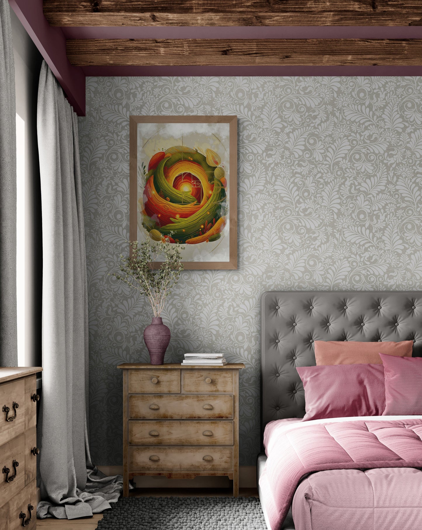 `Earth Sanctuary canvas print displayed in rustic bedroom with wooden beams natural interior design` |