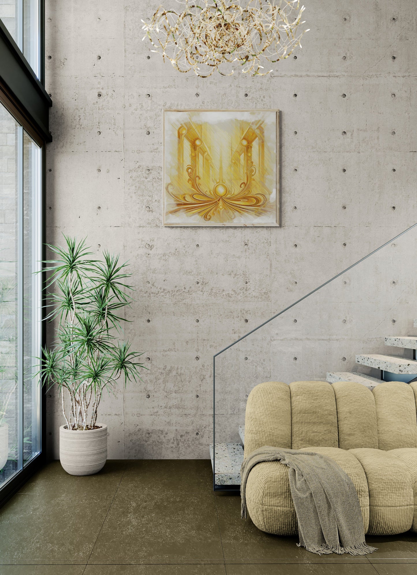 Golden Passage canvas print displayed in modern elegant entryway with industrial concrete wall