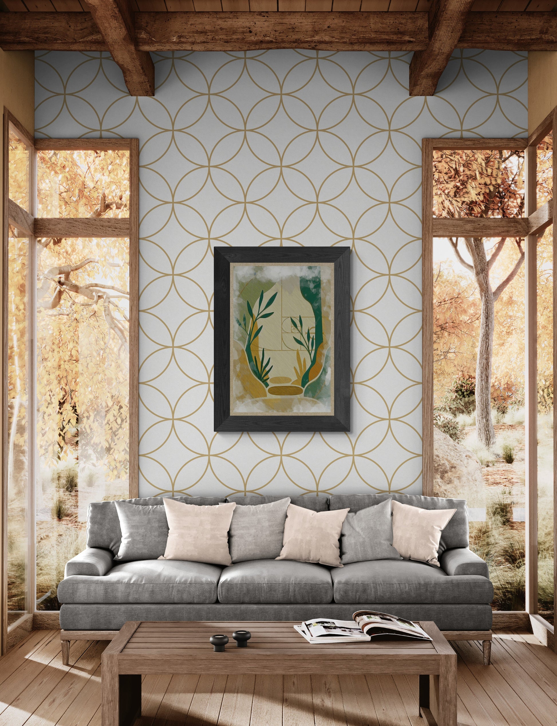 Natural Corridor rustic country house canvas with wooden beams large windows and farmhouse interior style