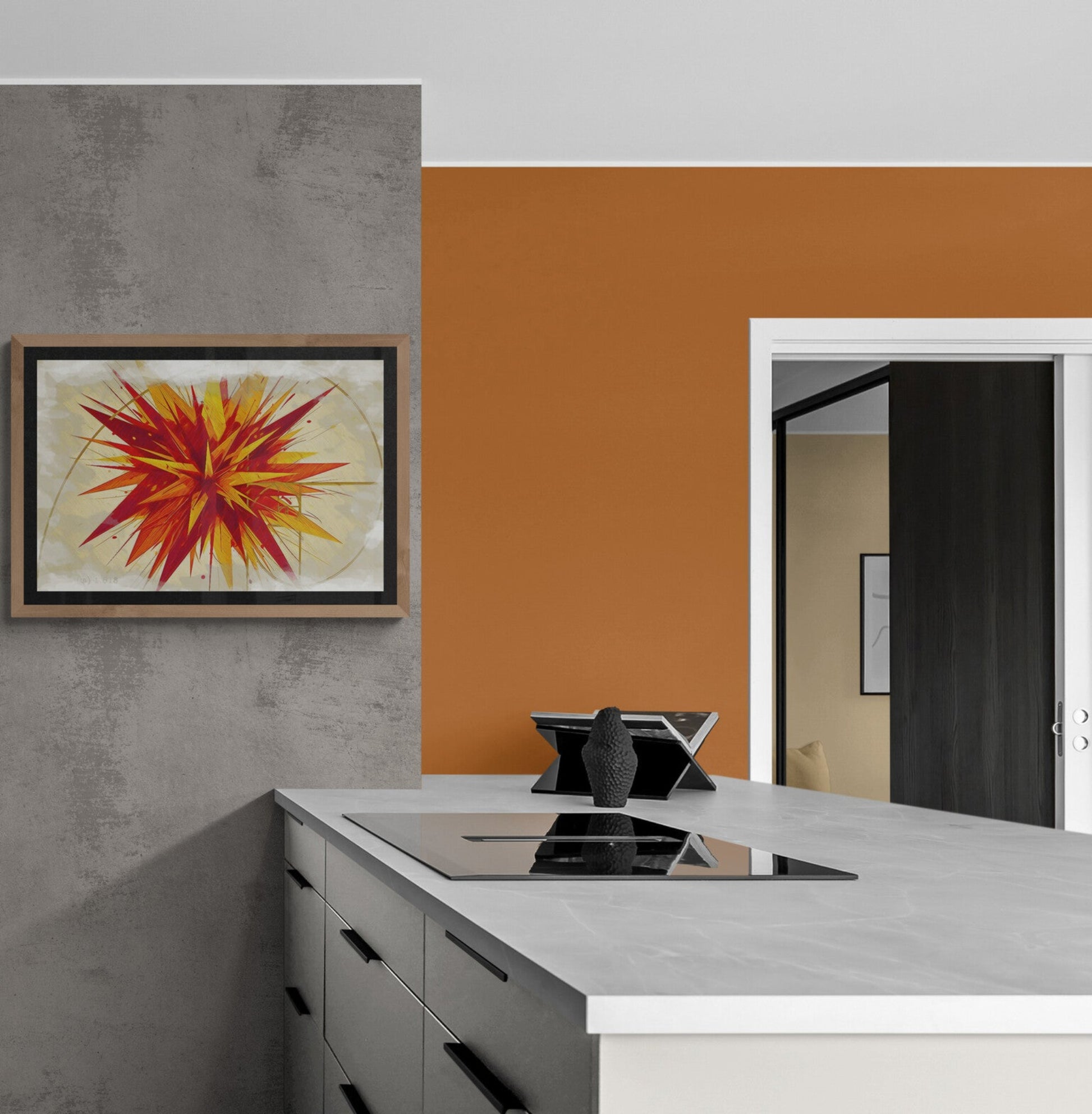 Spice Fusion hanging in modern white kitchen above stove, horizontal 60x40 cm format, colorful Mediterranean art