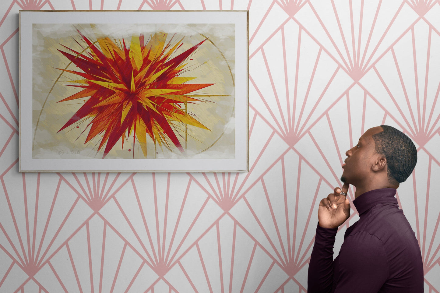 Woman in kitchen admires Spice Fusion artwork while cooking, art inspiring culinary creativity and Mediterranean passion