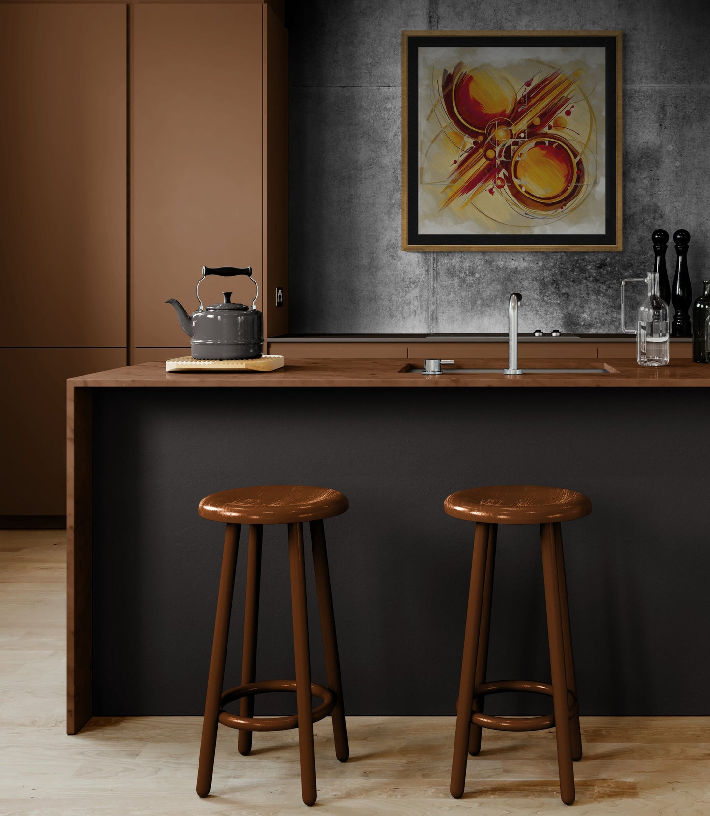 Tuscan Warmth hanging in classic wooden kitchen above sideboard, square 60x60 cm format, traditional Tuscan art