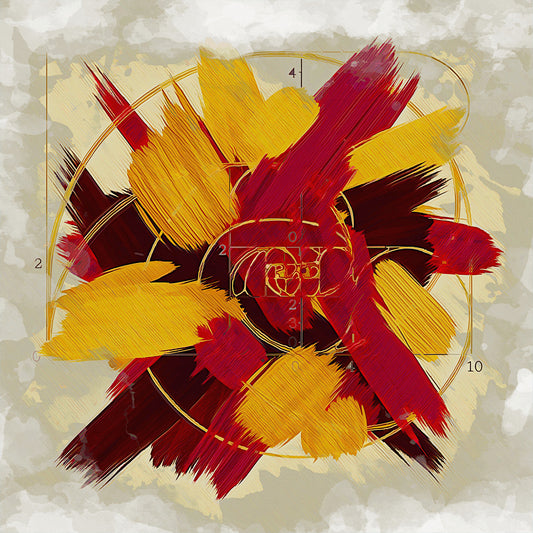 Warm Elegance canvas print with burgundy gold brushstrokes golden clock center, classic art for elegant warm convivial living room