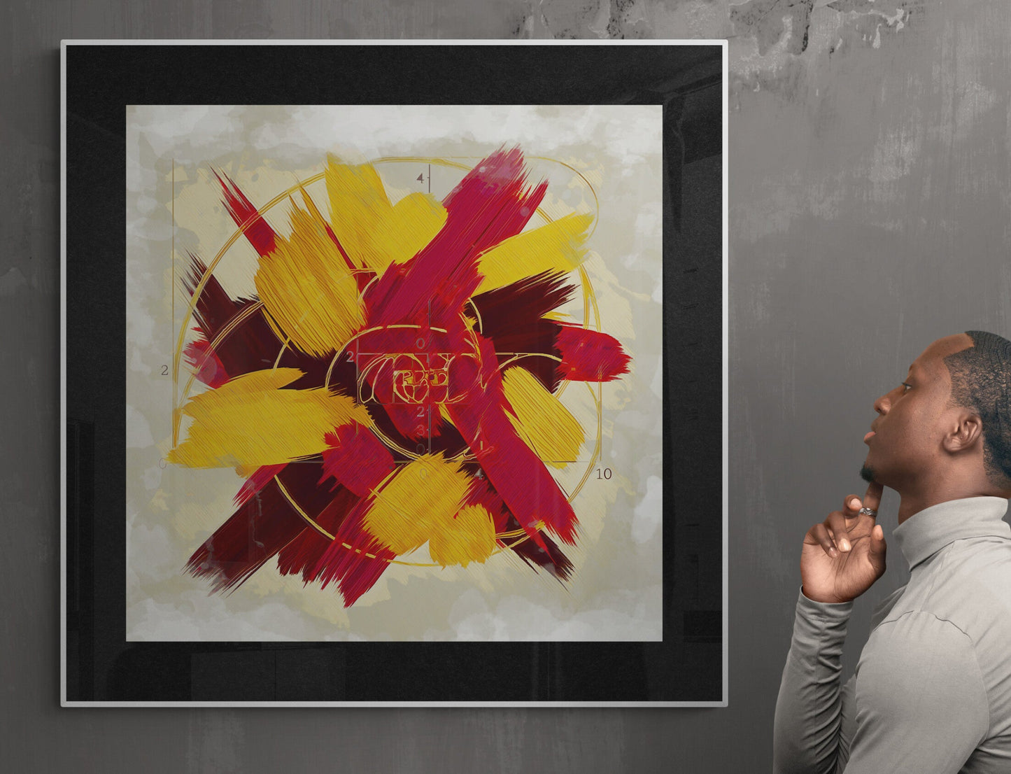 Framed Warm Elegance artwork in black above black leather sofa with seated woman, classic living room art elegant traditional style