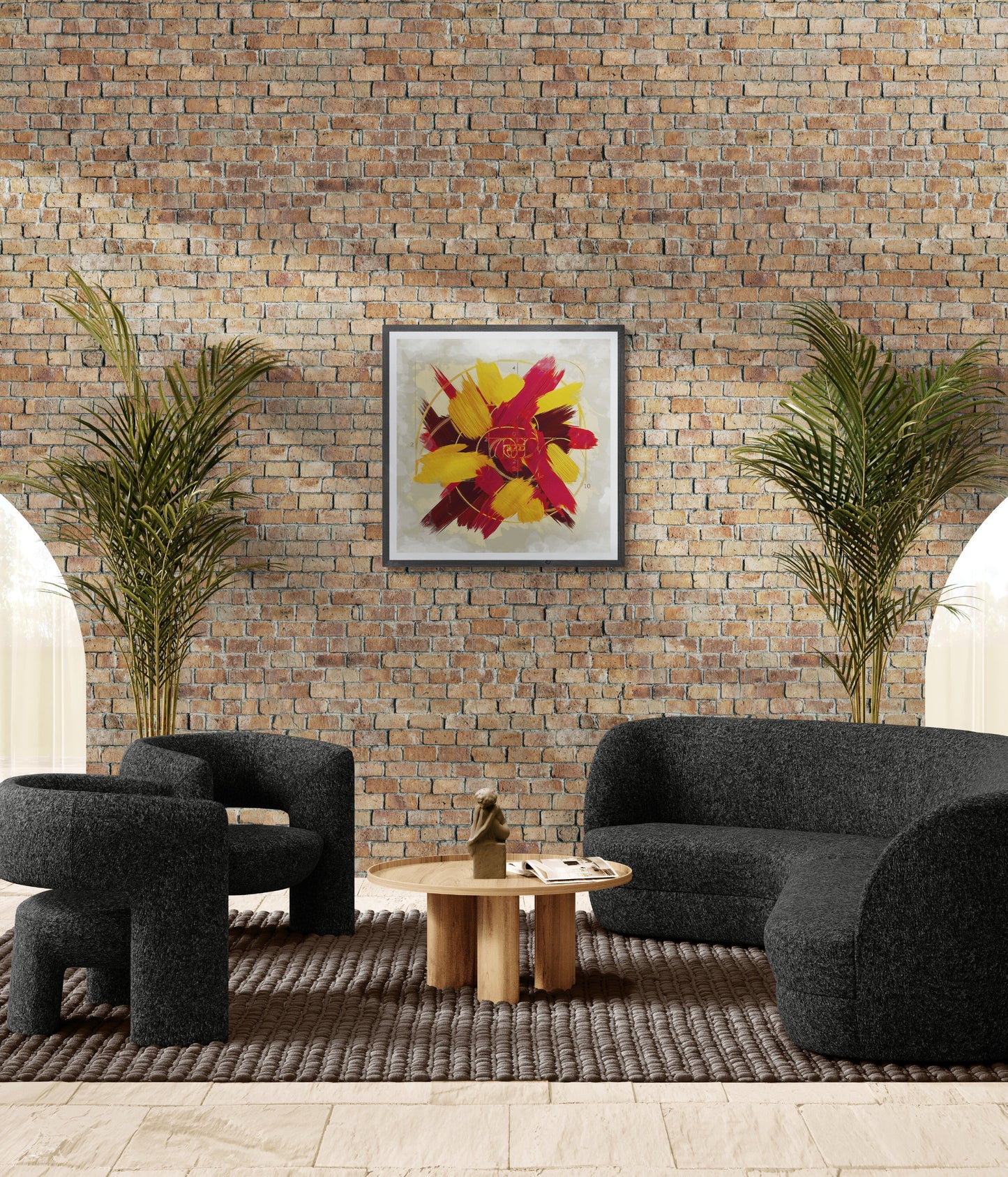 Warm Elegance white frame beige wall modern living room, warm abstract canvas print vibrant red gold brown colors elegant display