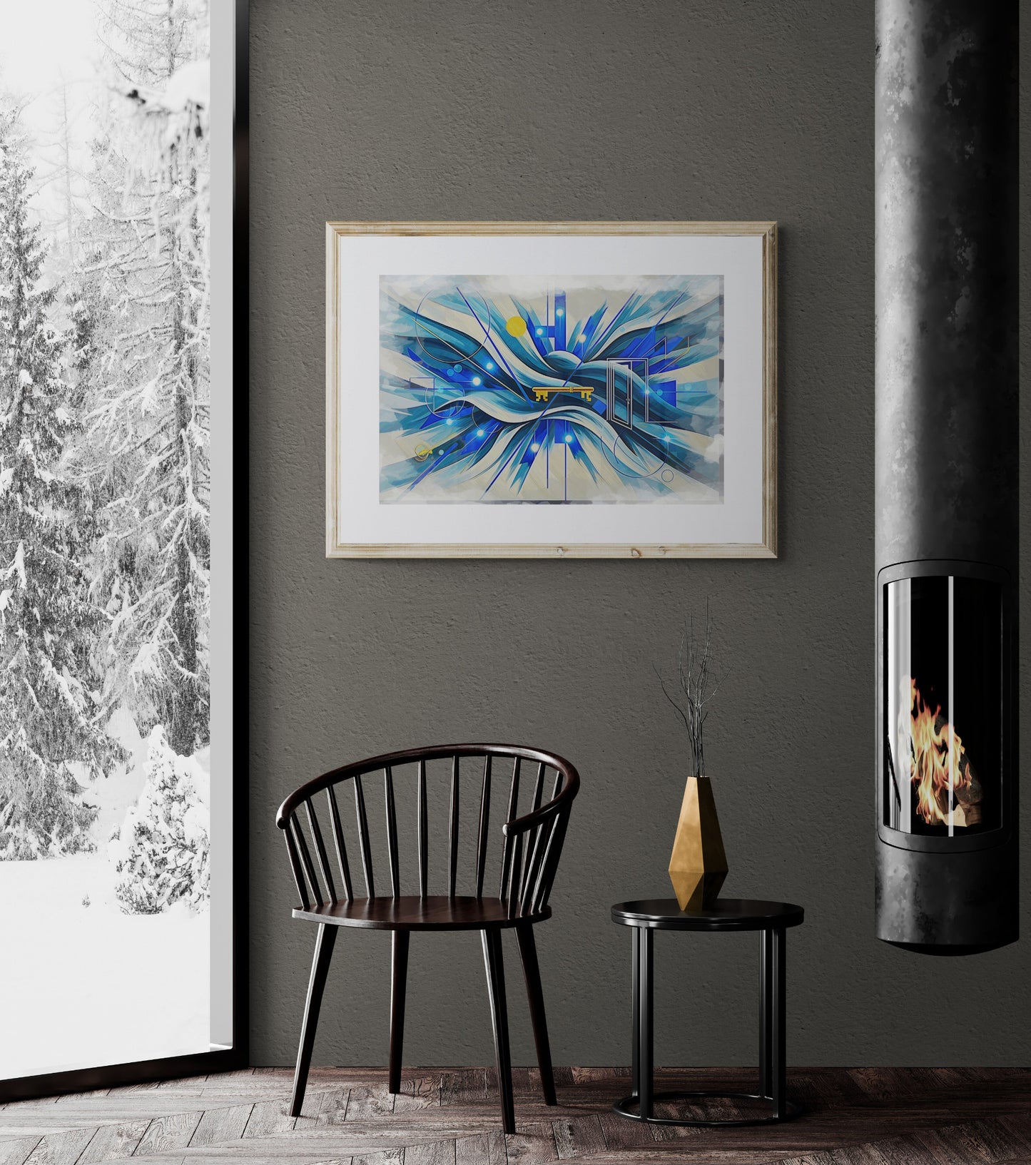 Welcome Energy on black wall with designer chair and table, modern art for sophisticated urban entryway, explosive visual impact
