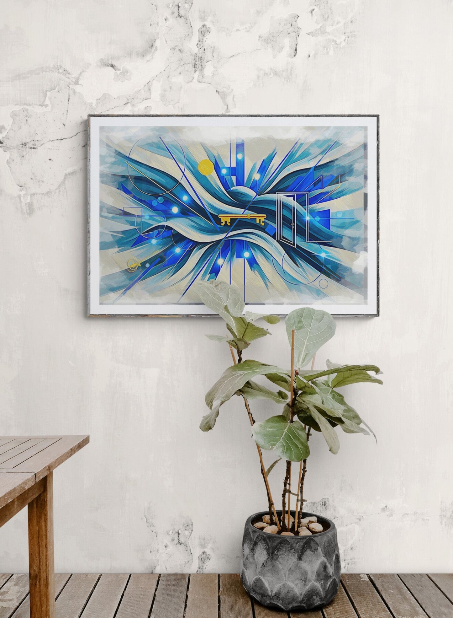 Welcome Energy canvas print detail with visible digital brushstroke texture, vibrant blue turquoise gold colors, premium museum quality