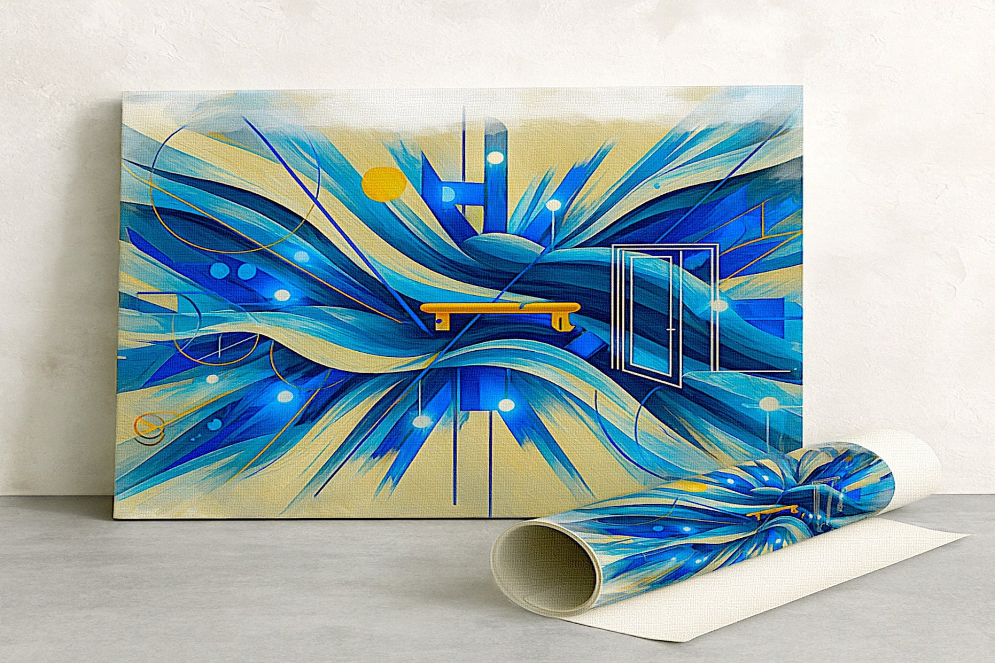 Welcome Energy canvas on easel with visible canvas texture, art for modern entryway with positive energy, ready for framing