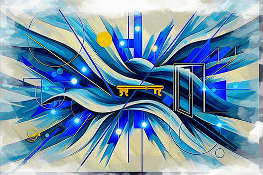 Welcome Energy canvas print with electric blue turquoise gold radial explosion, open door and golden key, modern art for dynamic entryway