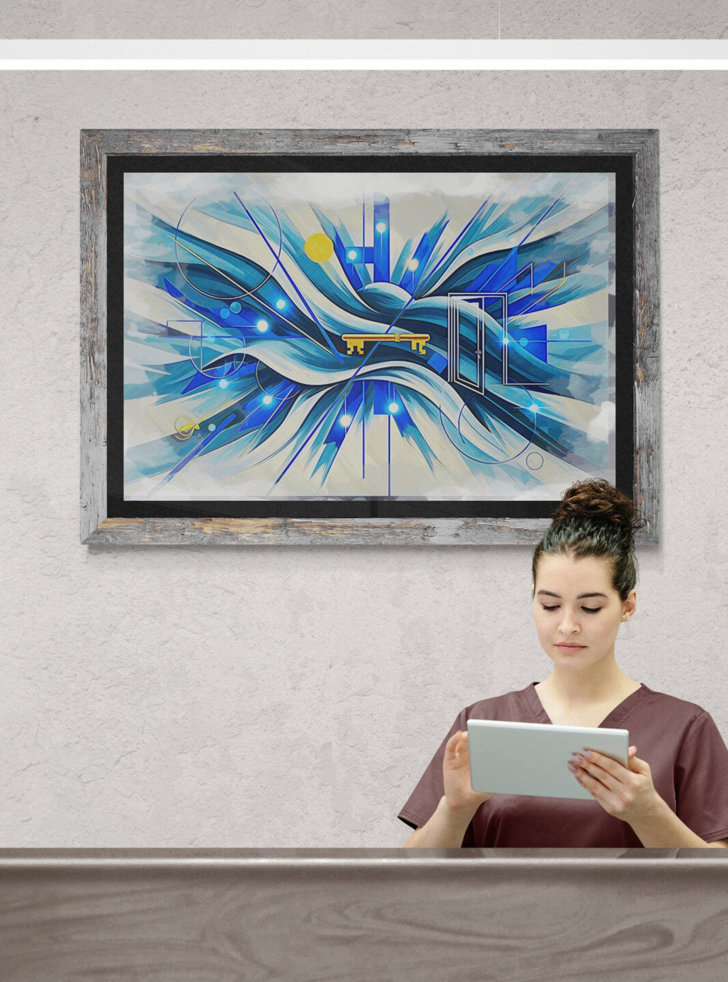 Framed Welcome Energy artwork in modern entryway with seated person, abstract blue gold art welcoming with contemporary energy