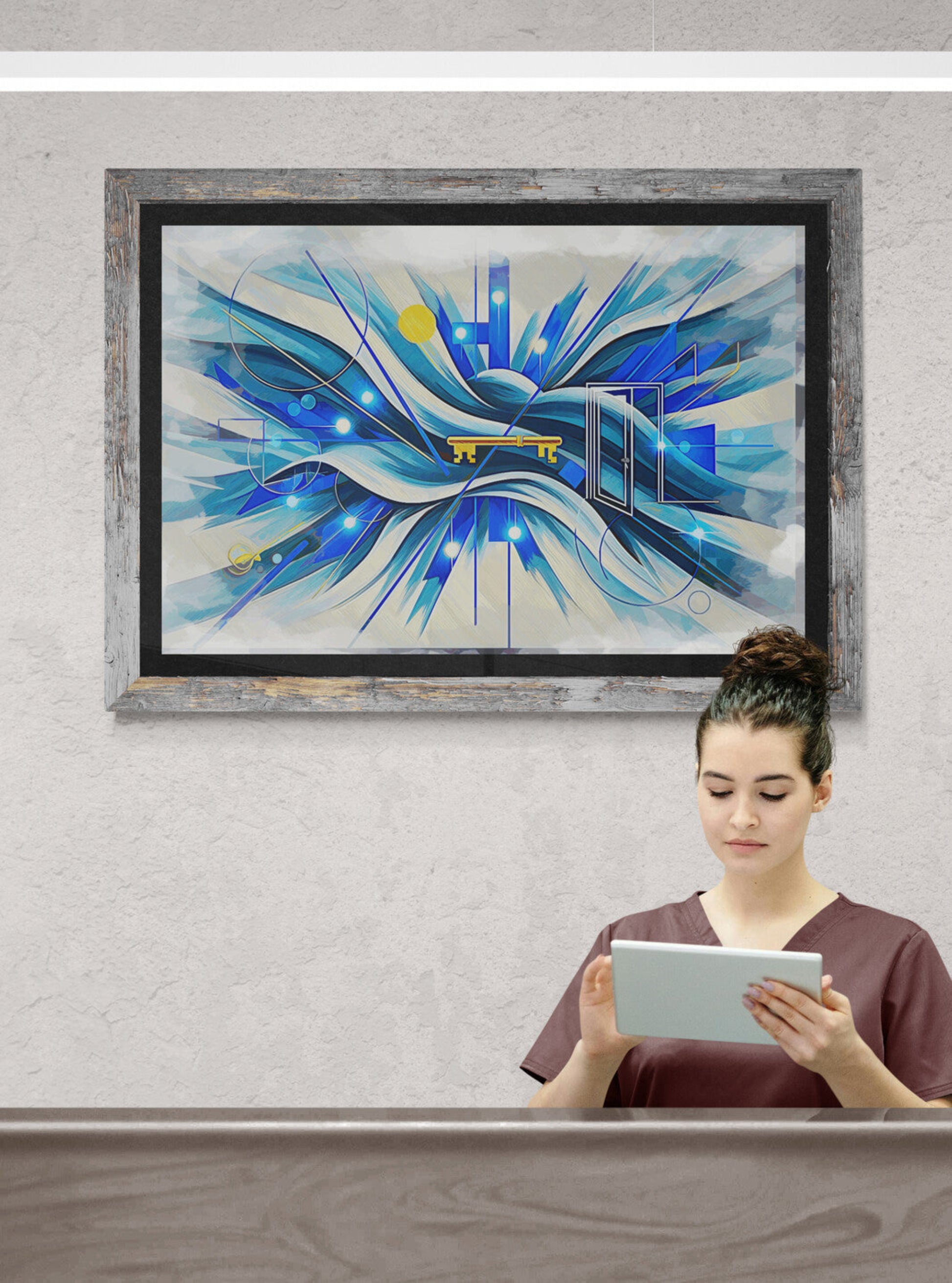 Framed Welcome Energy artwork in modern entryway with seated person, abstract blue gold art welcoming with contemporary energy