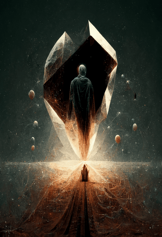 The artwork shows the figure standing in front of a passageway that represents the ultimate goal they set out to achieve. An eye-catching digital artwork from the "Midnight Journey" collection. This artwork is available in a limited edition of only 10 pieces, with an immediate download file size of 6656 x 9732, 300 dpi png. 