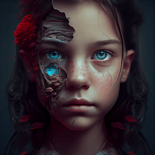 This digital image of a young woman with intense blue eyes was created using the technology of Artificial Intelligence and image manipulation software. The futuristic representation of the girl's face, affected by new technologies, calls to mind the alien races imagined in science fiction series. 